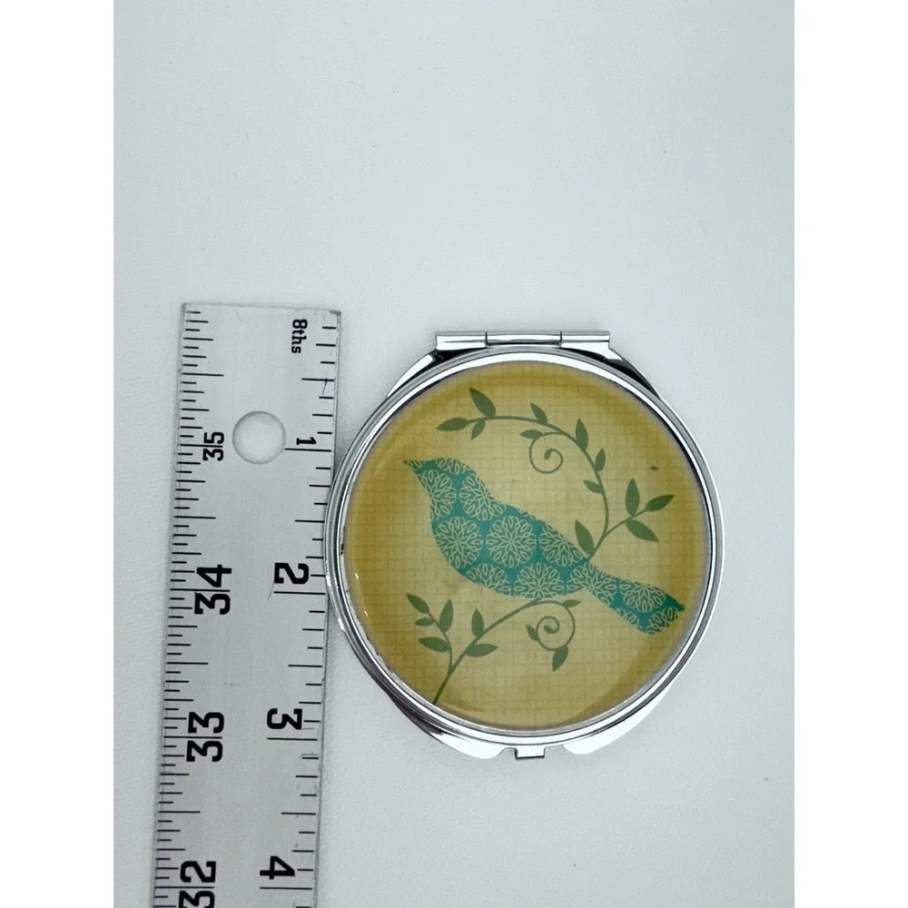 Vintage Teal Bird Round Compact Mirror Double Sided Travel Makeup Accessory Cute